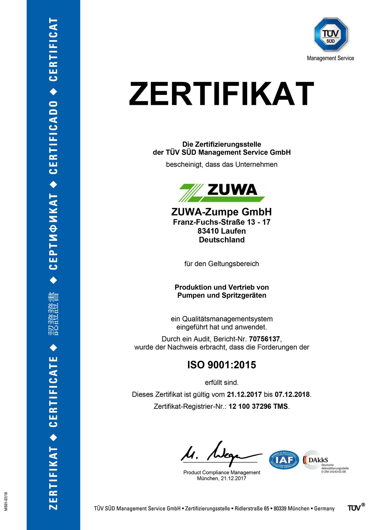 ISO Zertifikat 9001 (2015)